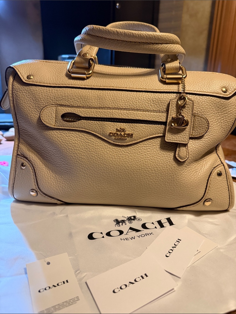 Coach Millie Cream Pebbled Leather Satchel with Gold Hardware
